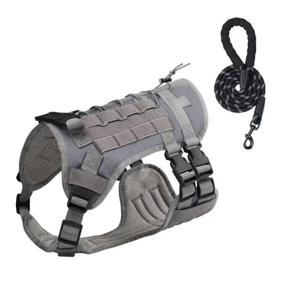 Gray tactical dog harness and leash for large dogs, chest vest leash for medium and large dogs