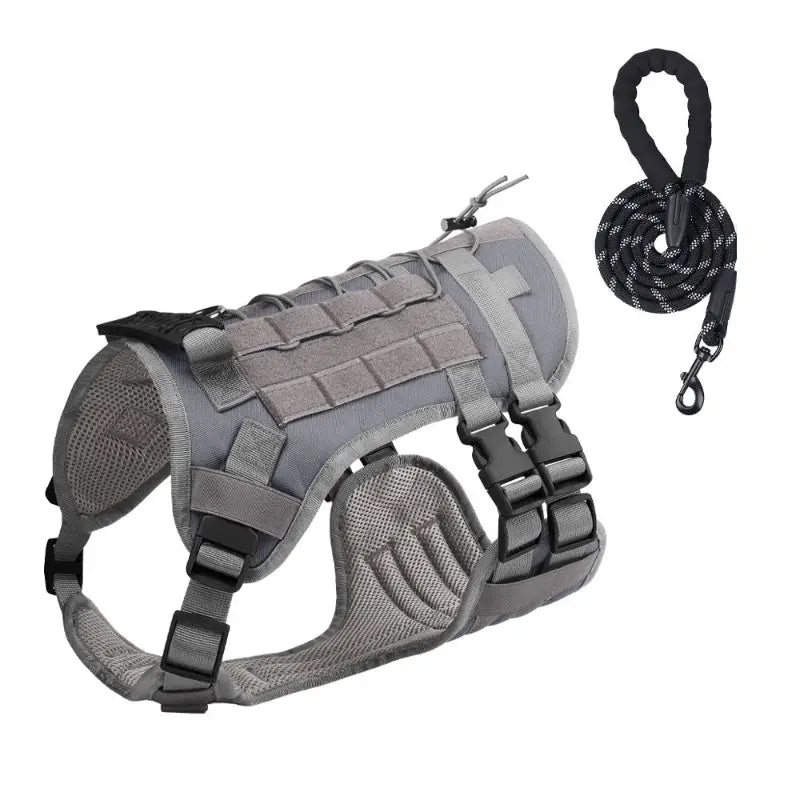 Gray tactical dog harness and leash for large dogs, chest vest leash for medium and large dogs