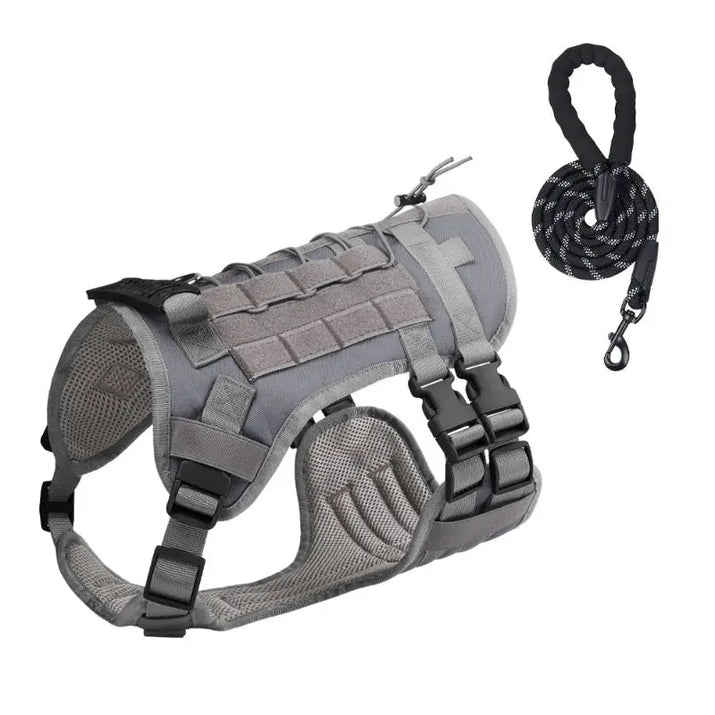 Gray tactical dog harness and leash for large dogs, chest vest leash for medium and large dogs