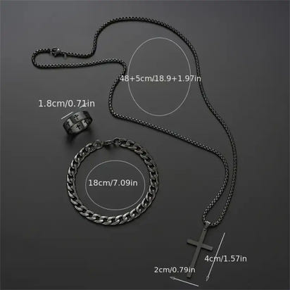 Black jewelry set with cross pendant.