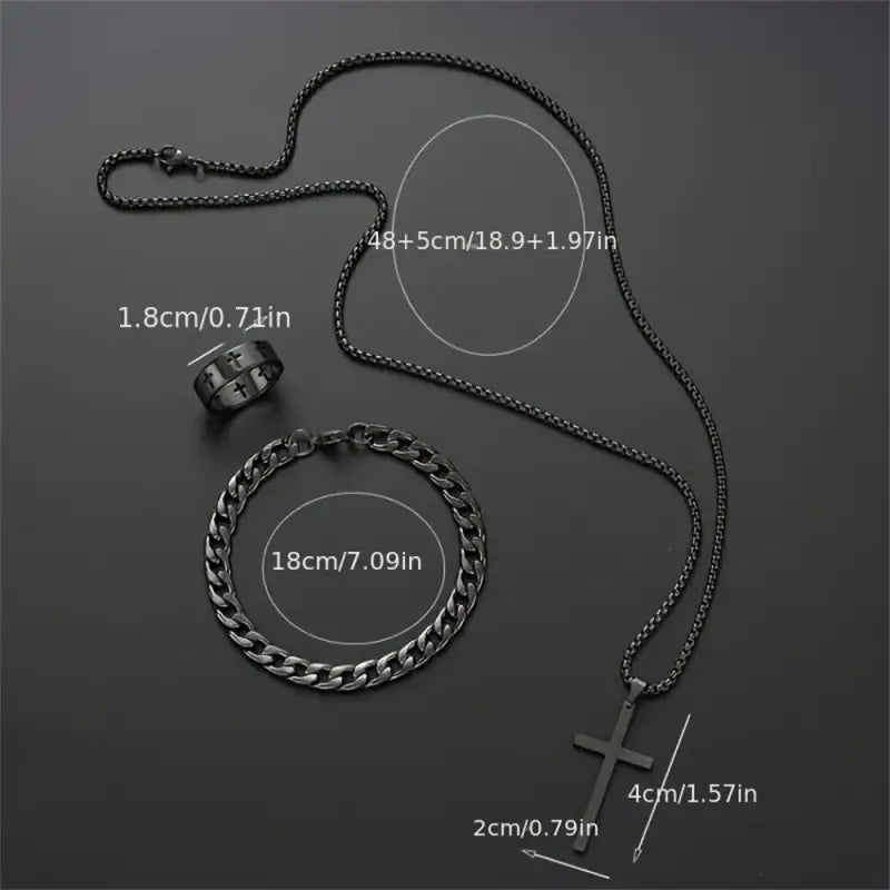 Black jewelry set with cross pendant.