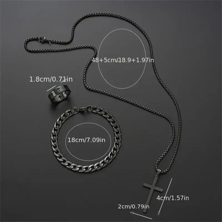 Black jewelry set with cross pendant.