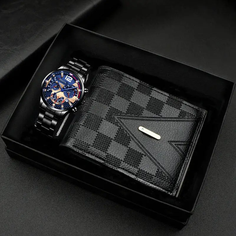 Black watch and checkered wallet gift set.