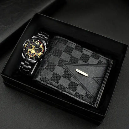 Black watch and checkered wallet gift set.