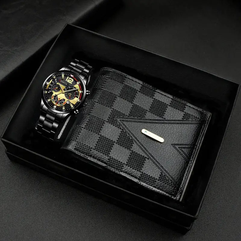 Black watch and checkered wallet gift set.