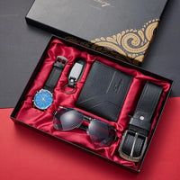 Men’s gift set with watch, wallet, belt, sunglasses, and keychain.