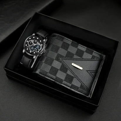 Black watch and checkered wallet gift set.