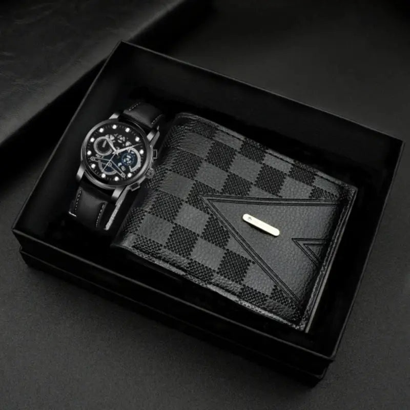 Black watch and checkered wallet gift set.