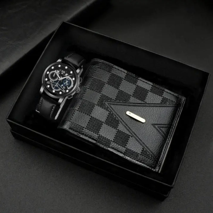 Black watch and checkered wallet gift set.