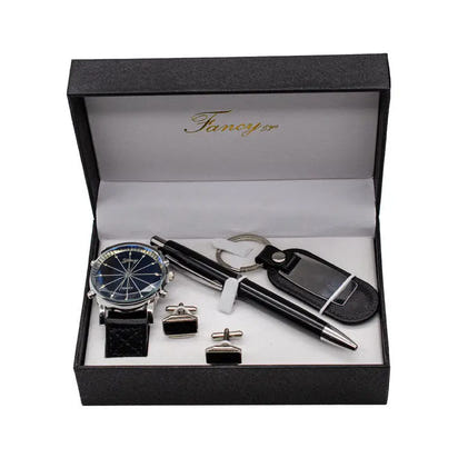Men’s gift set with watch, pens, cufflinks, and keychain in a box.