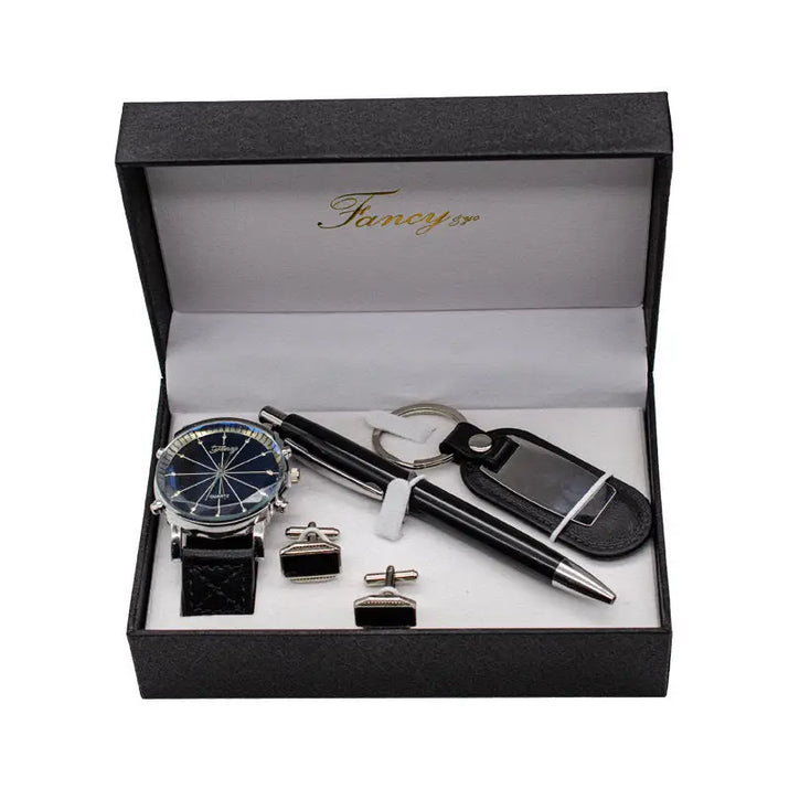 Men’s gift set with watch, pens, cufflinks, and keychain in a box.