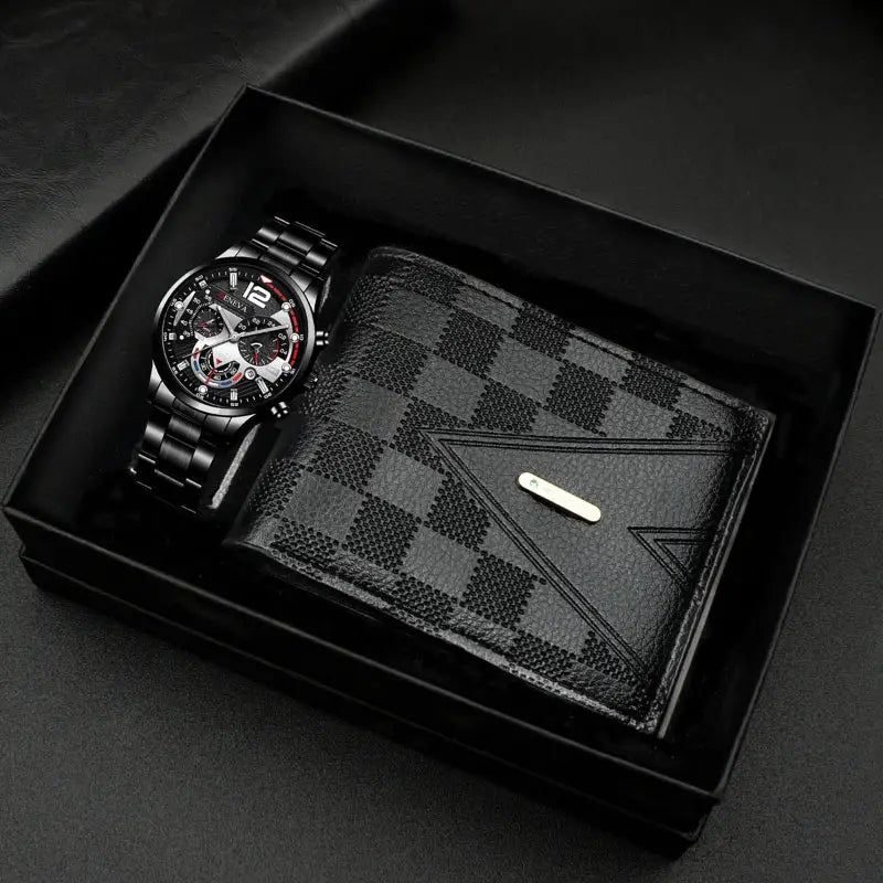 Black watch and checkered wallet gift set.