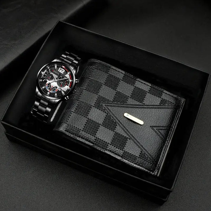 Black watch and checkered wallet gift set.