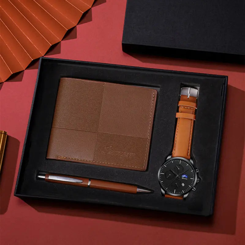 Men’s gift set with wallet, watch, and pen.