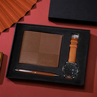 Men’s gift set with wallet, watch, and pen.