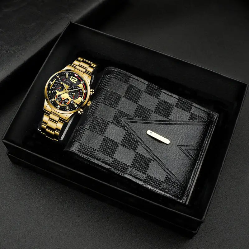 Gold watch and checkered wallet gift set.