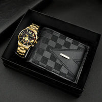 Gold watch and checkered wallet gift set.