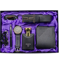 Gift set with watch, wallet, belt, perfume, pen, keychain, and prayer beads.