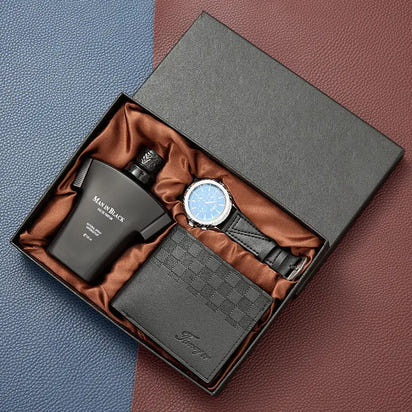 Gift set with perfume, watch, and wallet.