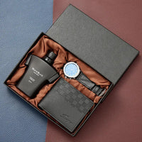 Gift set with perfume, watch, and wallet.