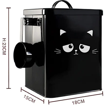 Black metal cat treat dispenser part of Metal Dog Cat Food Bucket for pet feeding