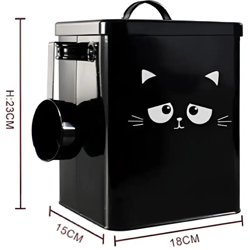 Black metal cat treat dispenser part of Metal Dog Cat Food Bucket for pet feeding