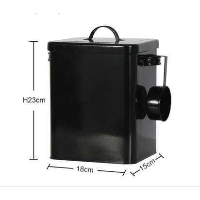 Black metal dog and cat food storage container in Metal Dog Cat Food Bucket design