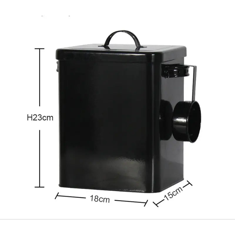 Black metal dog and cat food storage container in Metal Dog Cat Food Bucket design