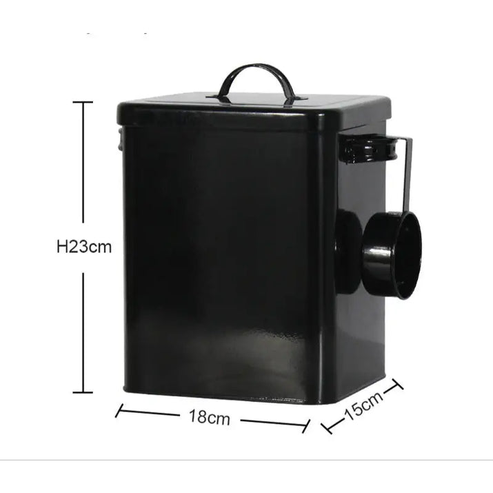 Black metal dog and cat food storage container in Metal Dog Cat Food Bucket design