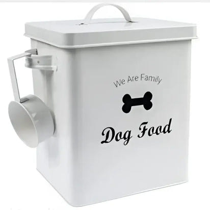 White metal dog cat food container with scoop, perfect for storing dog and cat food