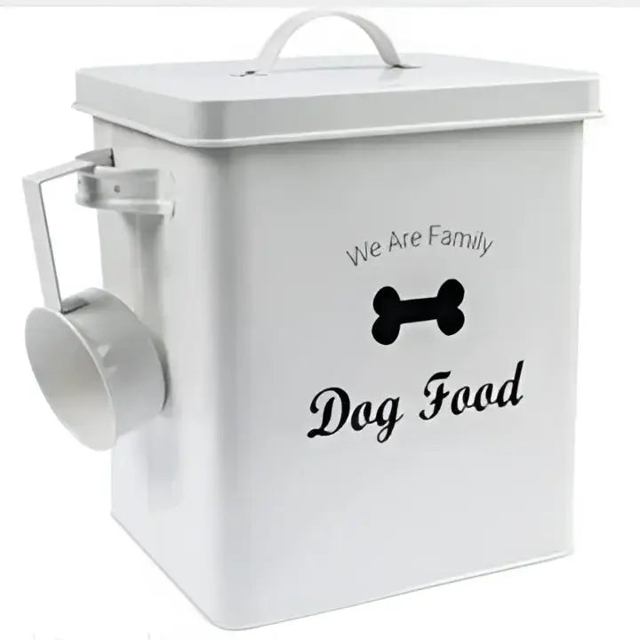 White metal dog cat food container with scoop, perfect for storing dog and cat food