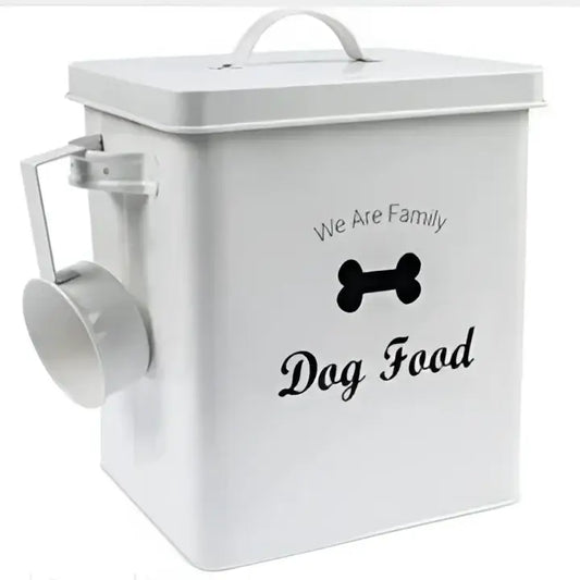 White metal dog cat food container with scoop, perfect for storing dog and cat food
