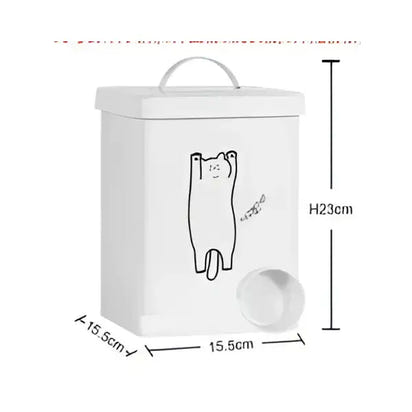 White cat food bucket with scoop for storing dog cat food efficiently