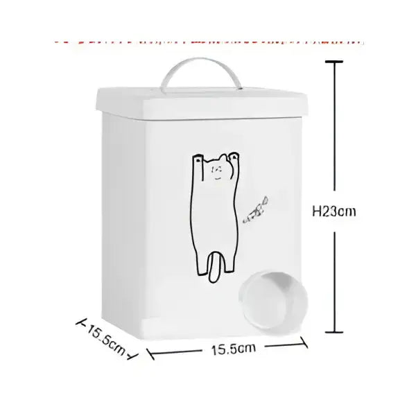 White cat food bucket with scoop for storing dog cat food efficiently