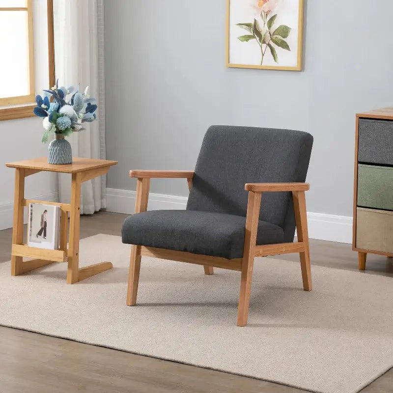Gray upholstered mid-century modern accent chair with wooden frame for stylish living rooms