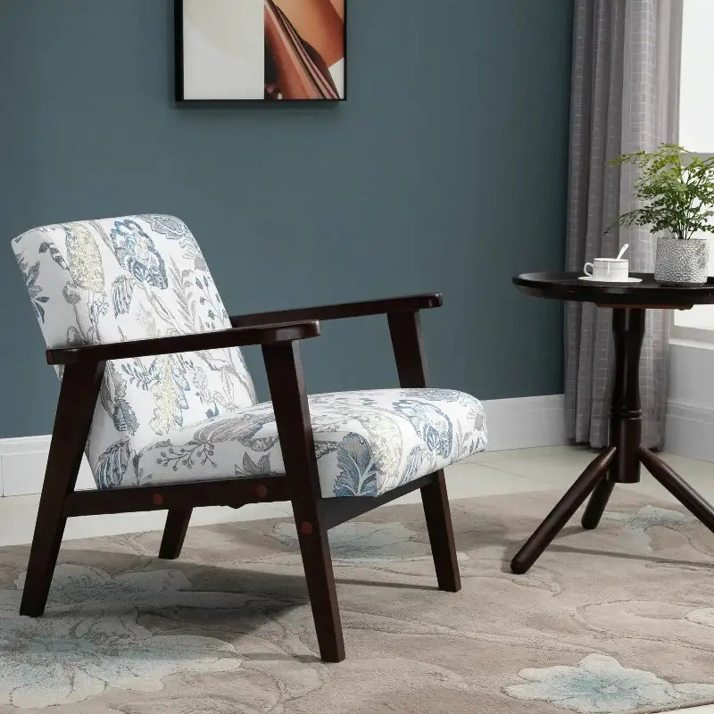 Floral upholstered mid-century modern accent chair with dark wood frame for stylish living rooms