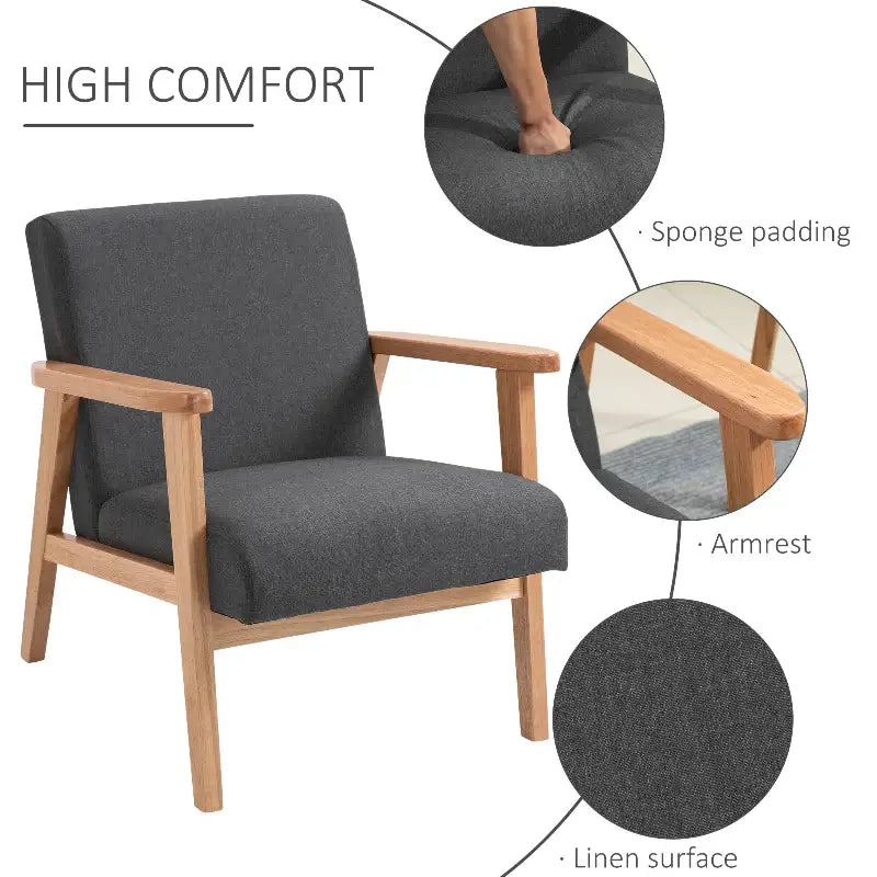 Gray linen mid-century modern accent chair with wooden frame, stylish modern accent chair
