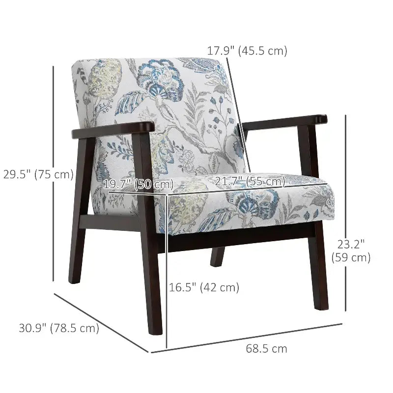 Floral upholstered mid-century modern accent chair with dark wood frame