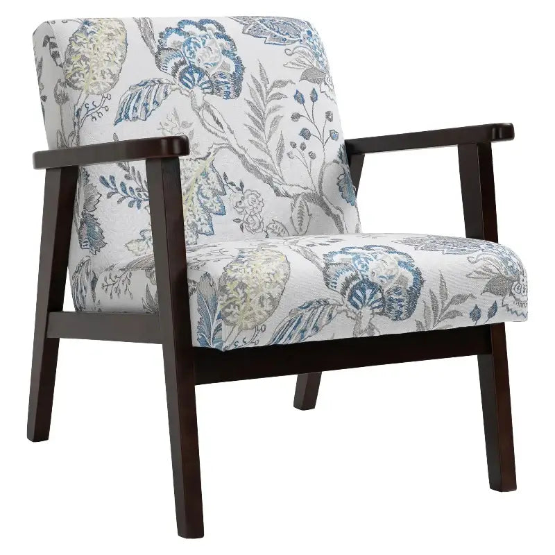 Floral upholstered mid-century modern accent chair with dark wood frame for stylish living rooms