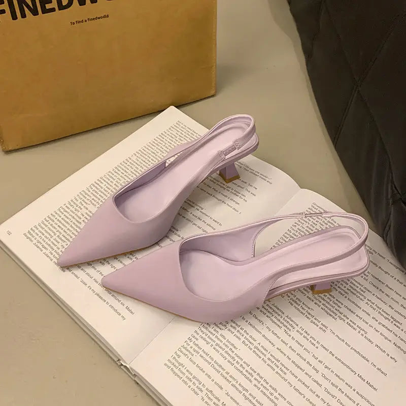 Lavender slingback heels.
