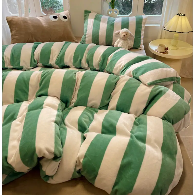 Green and white striped bedding.