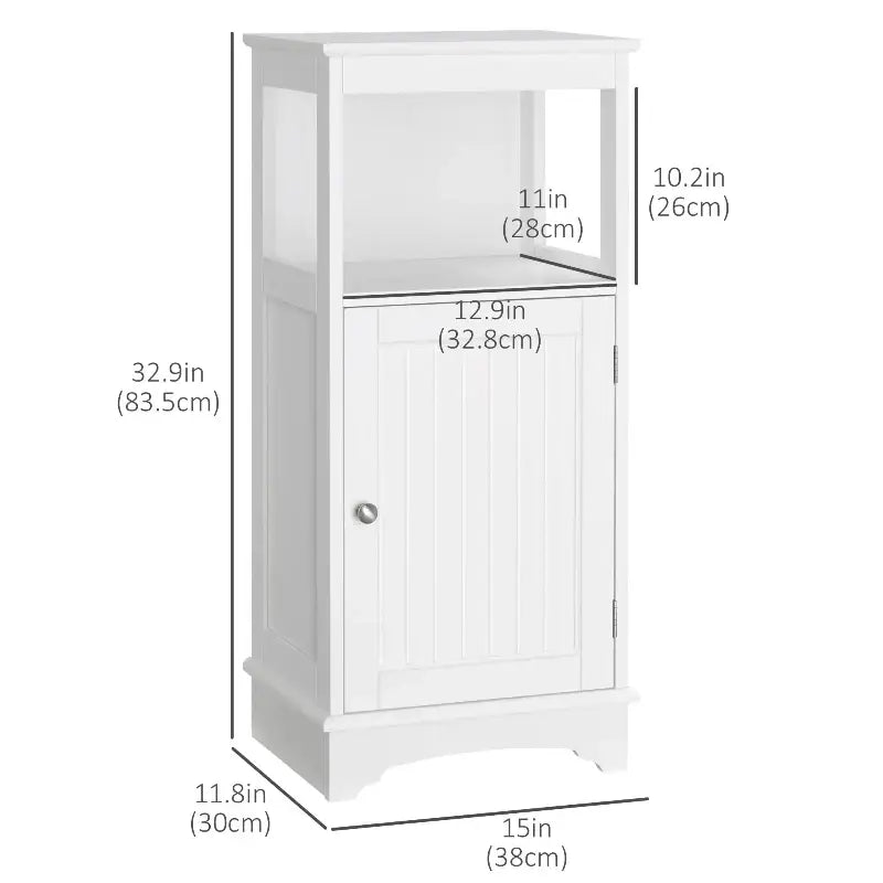 White bathroom storage cabinet with dimensions.