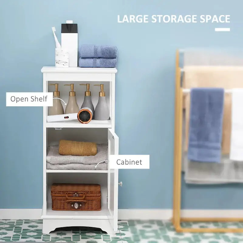 White bathroom storage cabinet.