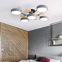 Modern gray and wood ceiling light fixture.