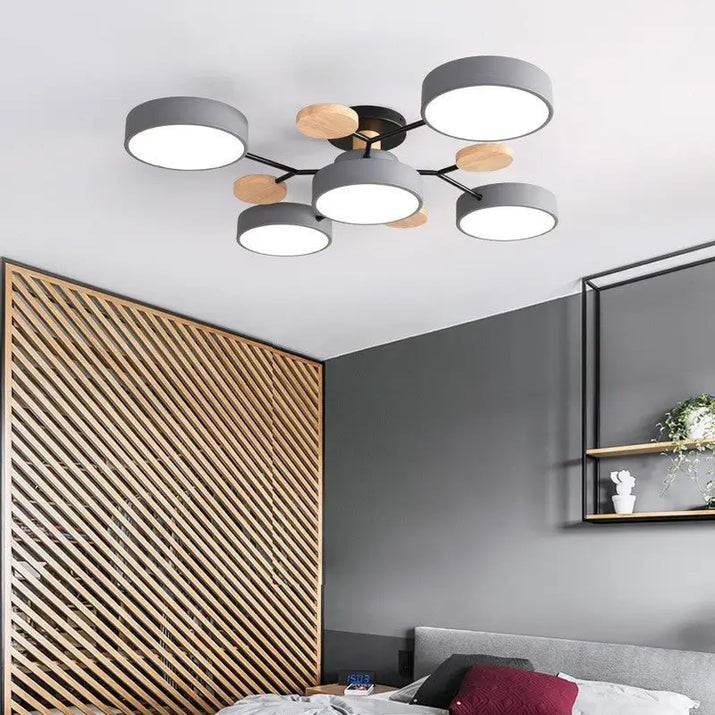 Modern gray and wood ceiling light fixture.