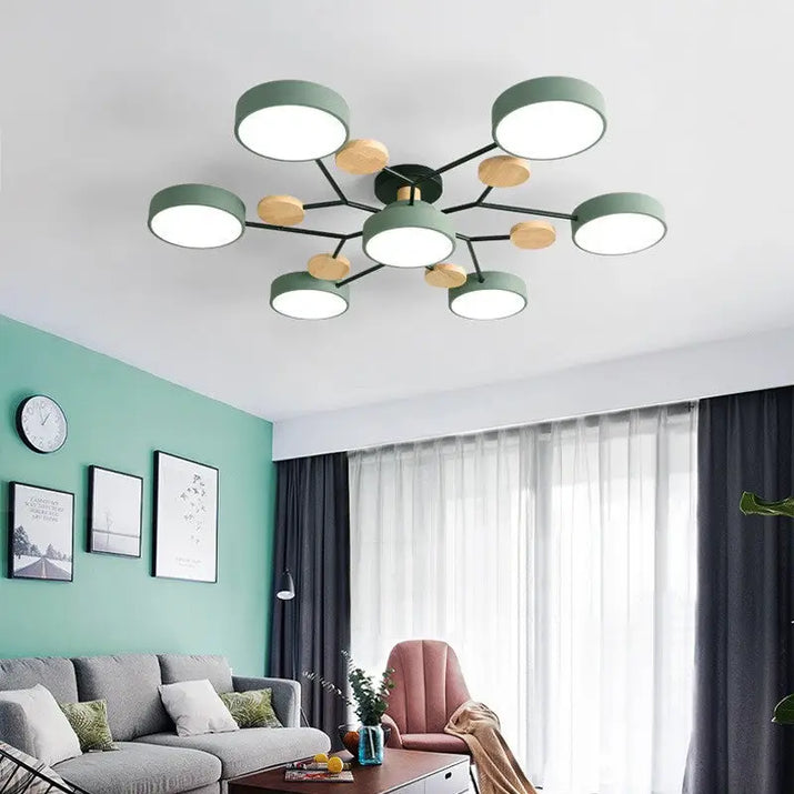 Modern green and wood ceiling light.