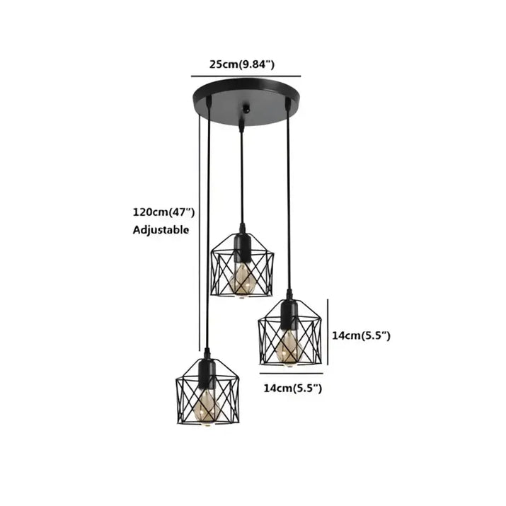 Three-light black pendant with geometric shades.