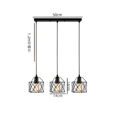 Three-bulb pendant light fixture with cage shades.