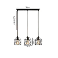Three-bulb pendant light fixture with cage shades.