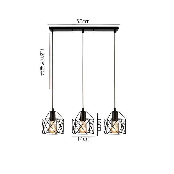 Three-bulb pendant light fixture with cage shades.